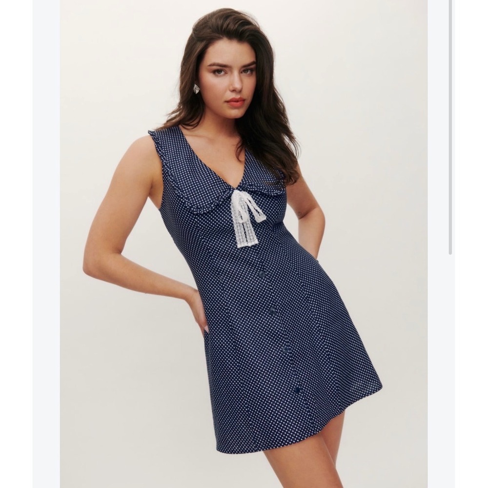 Reformation Polka Dot Linen Mini Dress 4 Lace Bow Peter Pan Collar Coquette